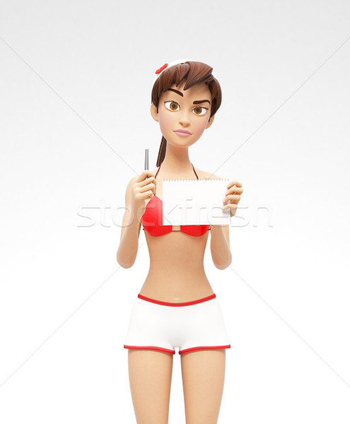 Blank Paper Notepad and Pencil Mockups - Serious, Pleasant 3D Bikini Character Stock photo © Loud-Mango