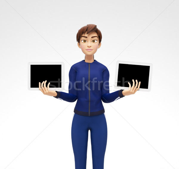 Two Tablet Device Mockups With Blank Screens Held by Serious Jenny Background Stock photo © Loud-Mango