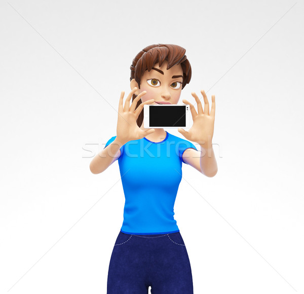 Mobile Phone Mockup With Blank Screen Held by Smiling, Intrigued 3D Character Stock photo © Loud-Mango