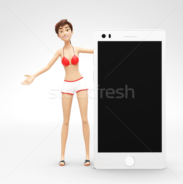 Stock photo: Mobile Phone Mockup With Blank Screen - Smiling, Happy 3D Bikini Character
