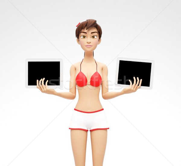 Stock photo: Two Tablet Device Mockups With Blank Screens - Serious 3D Bikini Character