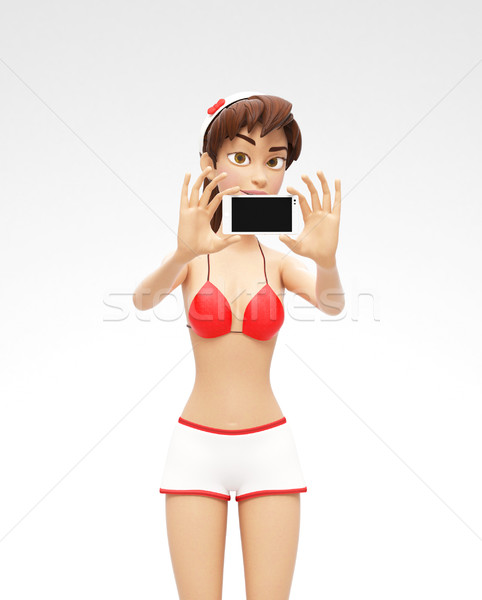 Mobile Phone Mockup With Blank Screen - Smiling, Intrigued 3D Bikini Character Stock photo © Loud-Mango