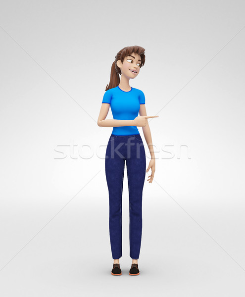 Happy Smiling Jenny - 3D Character - Smirking and Points Playfully To Side Stock photo © Loud-Mango
