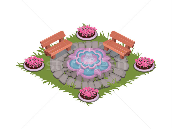 Isometric Cartoon Paved Square Patio with Fountain, Benches and Flowerbeds Stock photo © Loud-Mango