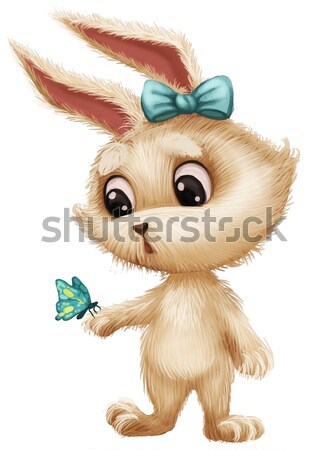 Cute Furry Bunny with Butterfly - Cartoon Animal Character Mascot Surprised Stock photo © Loud-Mango