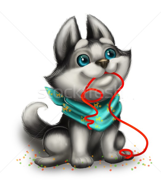 Cute, Smiling and Loving Husky Puppy Playing with Toy Ribbon - Happy Holidays Stock photo © Loud-Mango