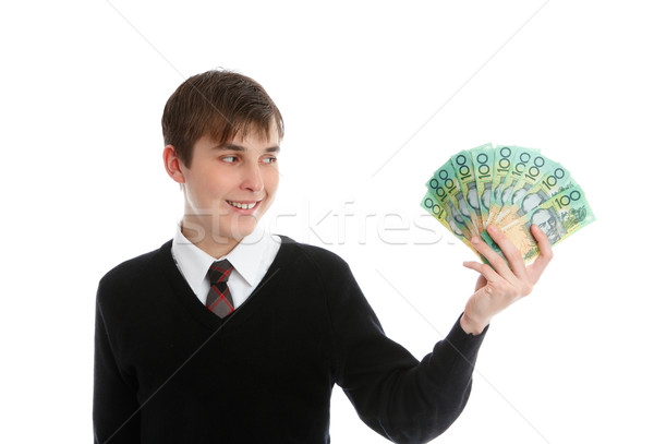 Boldog diák fiatal munkás tart pénz Stock fotó © lovleah