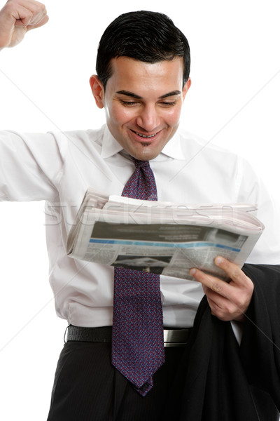 Geschäftsmann Luft Aufregung Lesung Zeitung Faust Stock foto © lovleah
