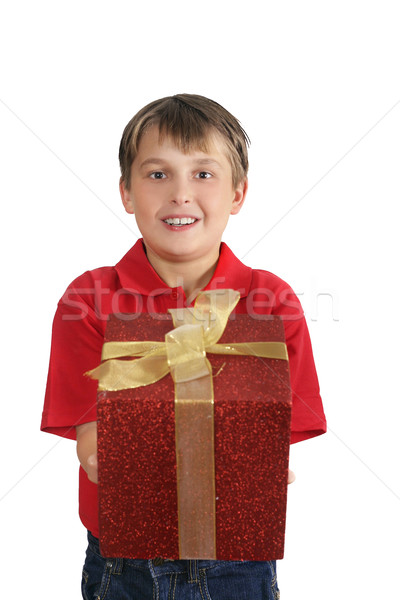Bemutat ajándék gyermek piros pólóing farmernadrág Stock fotó © lovleah