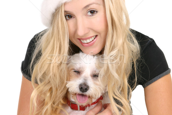 Kutyakölyök szeretet vonzó mosolyog női ölelkezés Stock fotó © lovleah