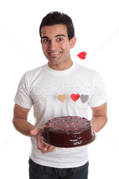 Valentin nap jókedv férfi csokoládé szív torta Stock fotó © lovleah