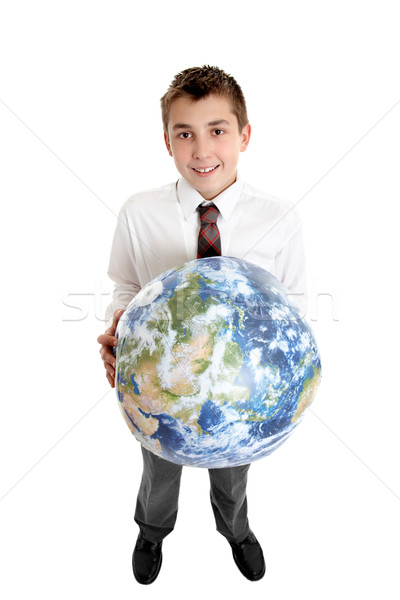 Smiling boy holding the world earth Stock photo © lovleah