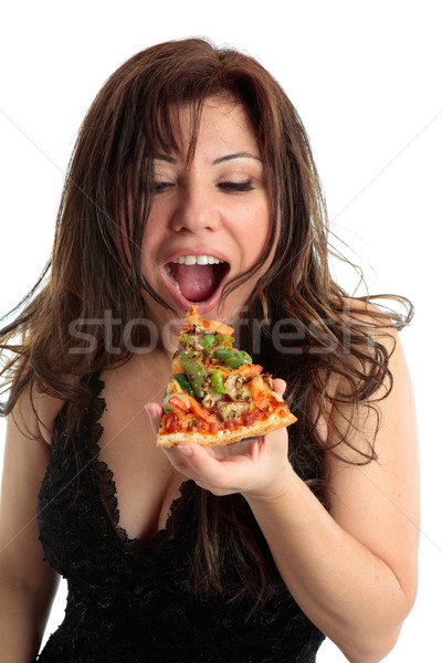 Eszik pizza nő szelet finom étel Stock fotó © lovleah