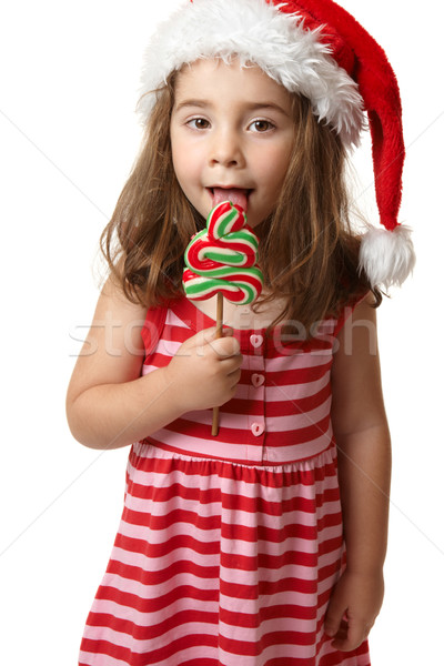 Foto stock: Nina · árbol · de · navidad · pirulí · dulces · preescolar