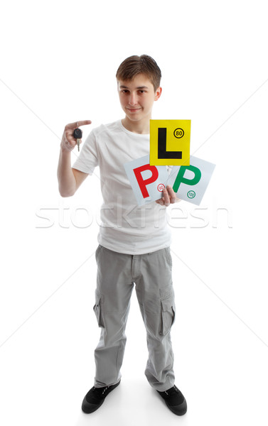 teenager holding car key and learner licence plates Stock photo © lovleah