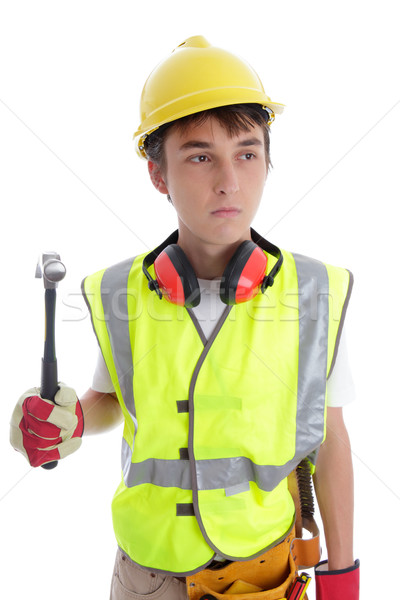 Lehrling Builder Bauarbeiter halten Hammer weiß Stock foto © lovleah