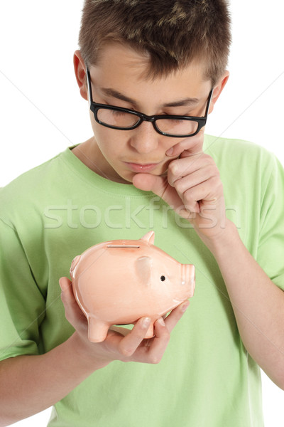 Bo thinking  with money box - savings,  finances Stock photo © lovleah