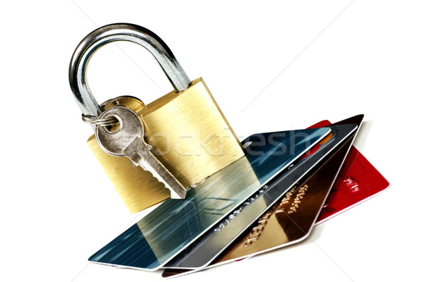 Stock foto: Karte · Sicherheit · Kreditkarten · Bank · Karten · Vorhängeschloss