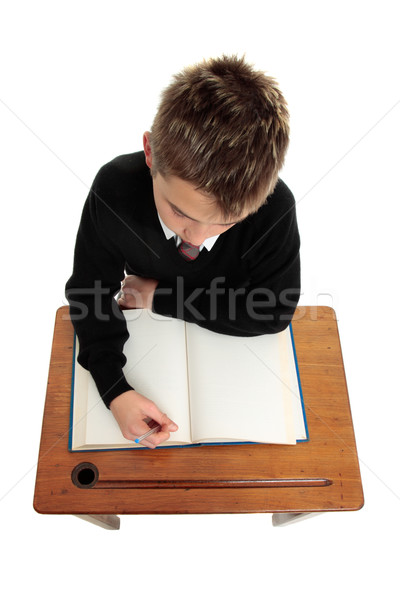 Schooljongen student vergadering bureau Open boek pen Stockfoto © lovleah