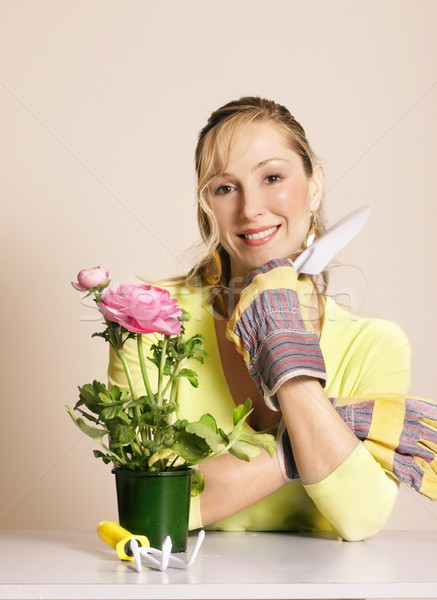 Gardener with tools and potted plant Stock photo © lovleah