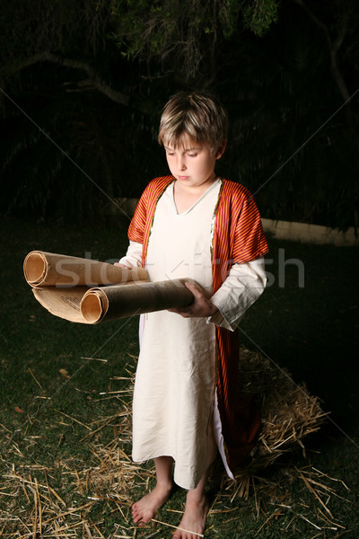 Olvas fiatal srác ruházat Biblia tanul férfi Stock fotó © lovleah