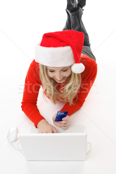 Zakupy online zakup płatność dziewczyna karty laptop Zdjęcia stock © lovleah