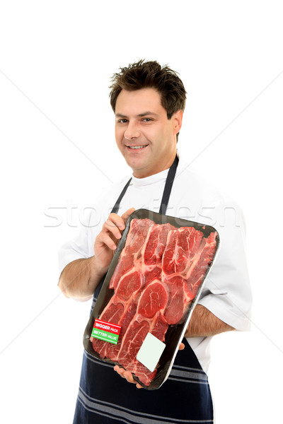 Stockfoto: Glimlachend · slager · heerlijk · vlees · tonen