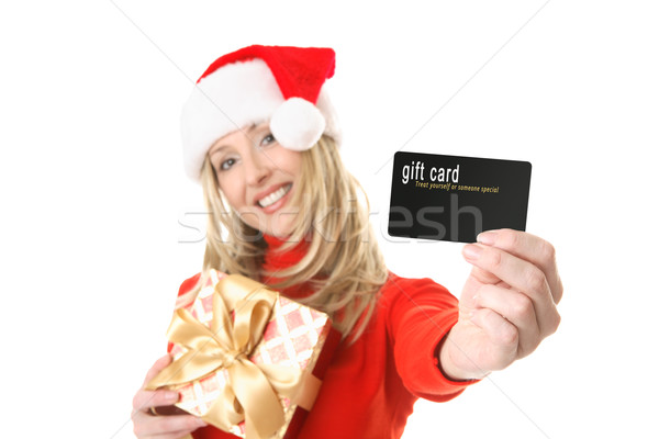 Frau halten Geschenkkarte Kreditkarte Geschenk Arm Stock foto © lovleah
