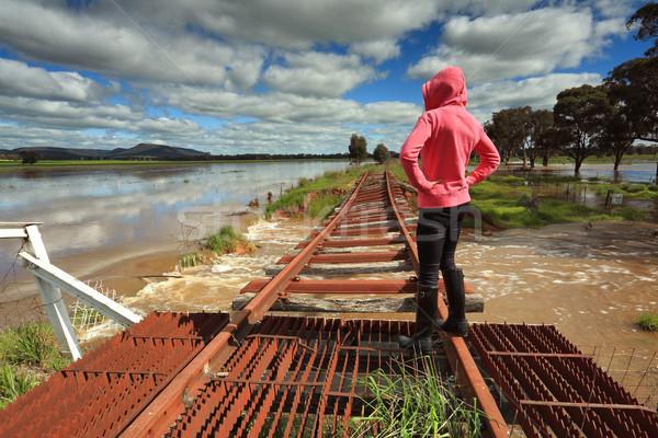 Floodwaters run under buckled train tracks Stock photo © lovleah