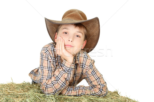 Farm boy leaning on lucerne bale Stock photo © lovleah