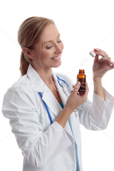 Foto stock: Médico · medicina · alternativa · feliz · trabalhar · garrafa