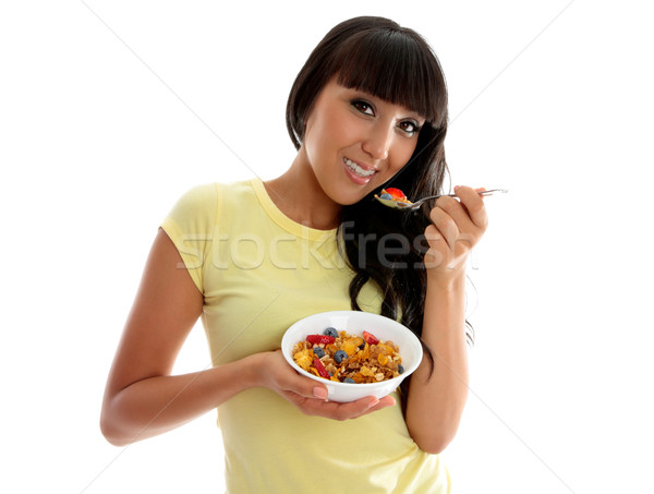 Foto d'archivio: Nutrizione · donna · mangiare · sano · colazione · bella · donna · sorridente