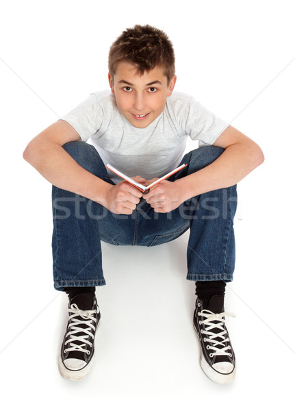 Stock foto: Junge · Jeans · Sitzung · Stock · tragen · Denim