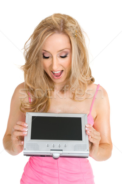 女子 向下看 手提 液晶顯示 屏幕 興奮 商業照片 © lovleah