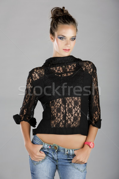Femeie dantelă sacou blugi frumos Imagine de stoc © lubavnel