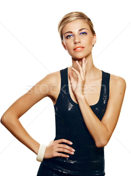 Gyönyörű nő fekete ruha gyönyörű lebarnult nő visel Stock fotó © lubavnel