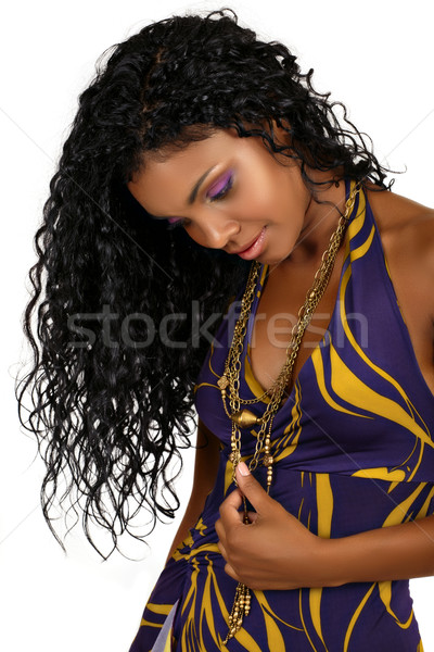 Gyönyörű afrikai nő hosszú göndör haj lila Stock fotó © lubavnel