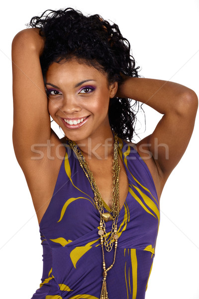 Foto stock: Belo · africano · mulher · longo · cabelos · cacheados · roxo
