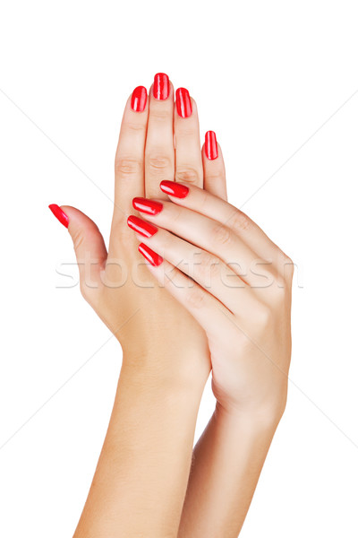 Nő kezek vörös körmök közelkép fiatal nő hosszú Stock fotó © lubavnel