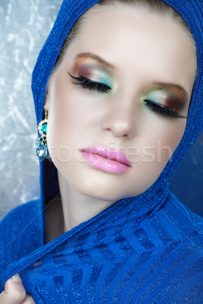Piękna kobieta długo Pióro rzęsy niebieski błyszczący Zdjęcia stock © lubavnel