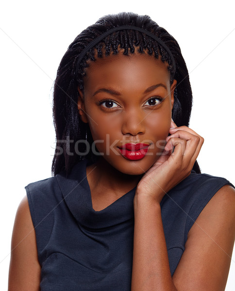 Afro-amerikaanse zakenvrouw hand gezicht luisteren witte Stockfoto © lubavnel