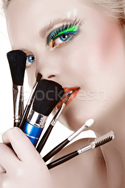 Piękna kobieta makijaż zestaw Pióro długo rzęsy Zdjęcia stock © lubavnel