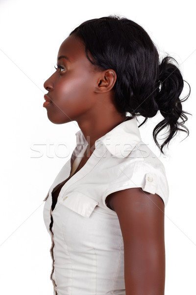 Foto stock: Africano · americano · empresária · jovem · cabelos · longos · perfil · branco