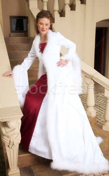 Stock fotó: Gyönyörű · mosolyog · menyasszony · lépcsősor · piros · fehér