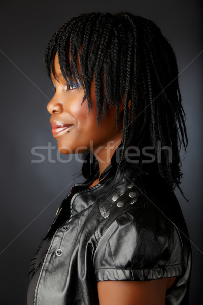 Schönen african Frau schwarz Lederjacke Stock foto © lubavnel