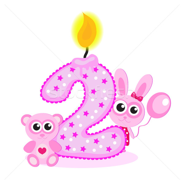 Happy Second Birthday Candle and Animals Isolated on white. The number two. The pink card for girls Stock photo © lucia_fox