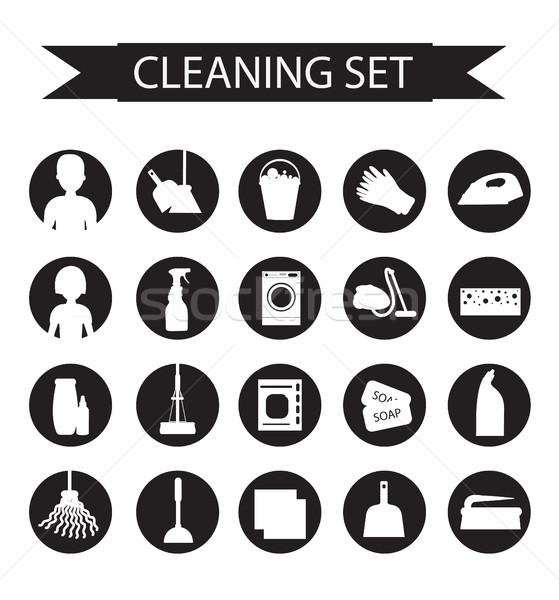 Set of icons for cleaning tools. House cleaning. Cleaning supplies. Flat design style. Cleaning desi Stock photo © lucia_fox