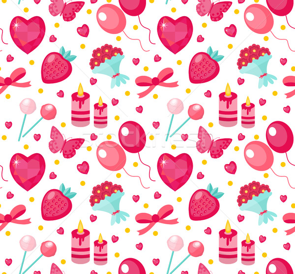 Cute seamless pattern Valentines day with strawberries, heart, flower, butterfly, ribbon. Love, roma Stock photo © lucia_fox