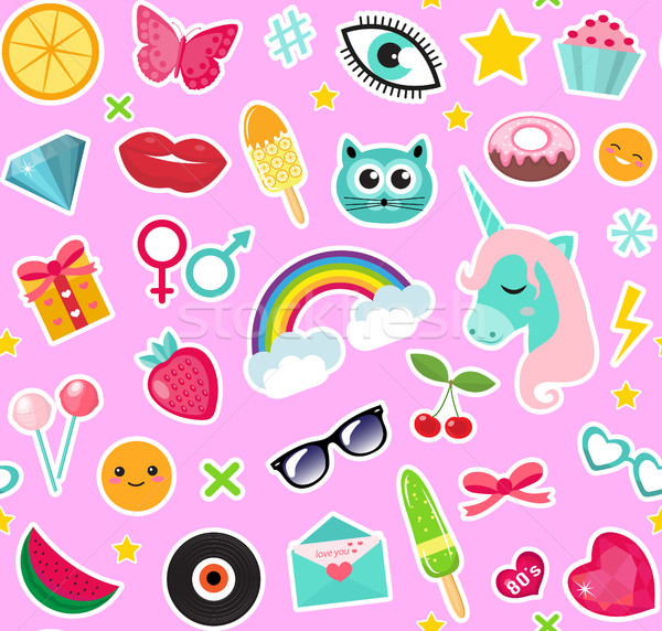 Stock photo: Fashion seamless pattern of patches 80s comic style. Pins, badges and stickers Collection cartoon po