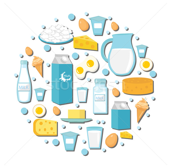 Dairy products icon set in the shape of circle. Flat style. isolated on white background. Milk and C Stock photo © lucia_fox